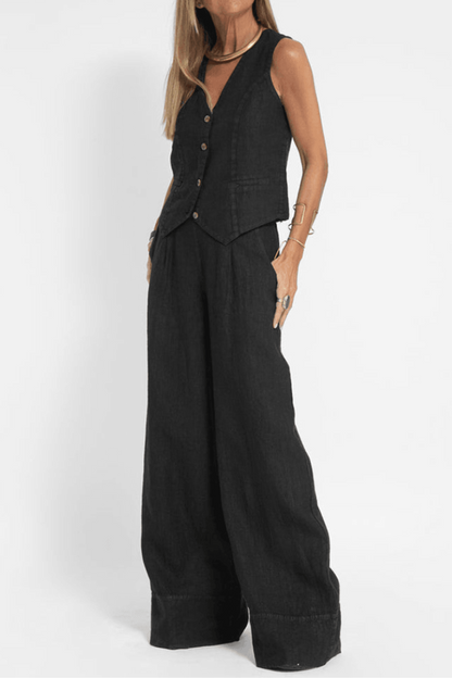 Set due pezzi in lino per donne – Elegante top con gilet e pantaloni larghi a vita alta