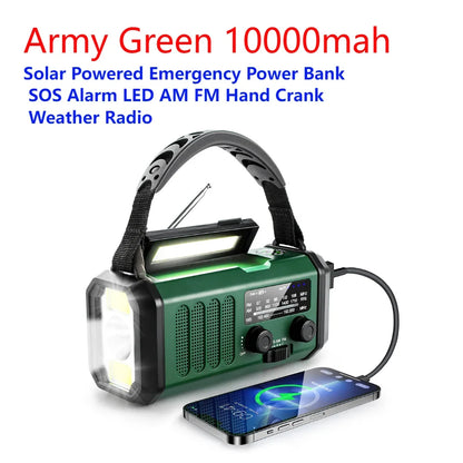 SolariPro - Radio d'emergenza portatile AM/FM con ricarica solare a manovella, LED, batteria ricaricabile 5000mAh/10000mAh, lampada da lettura e torcia, allerta SOS