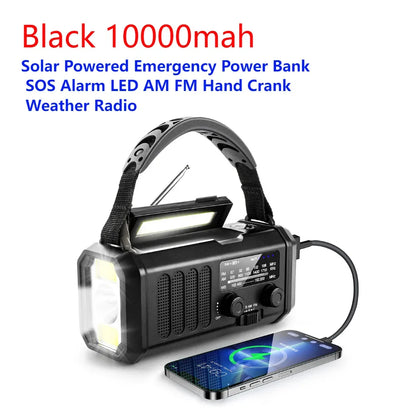 SolariPro - Radio d'emergenza portatile AM/FM con ricarica solare a manovella, LED, batteria ricaricabile 5000mAh/10000mAh, lampada da lettura e torcia, allerta SOS