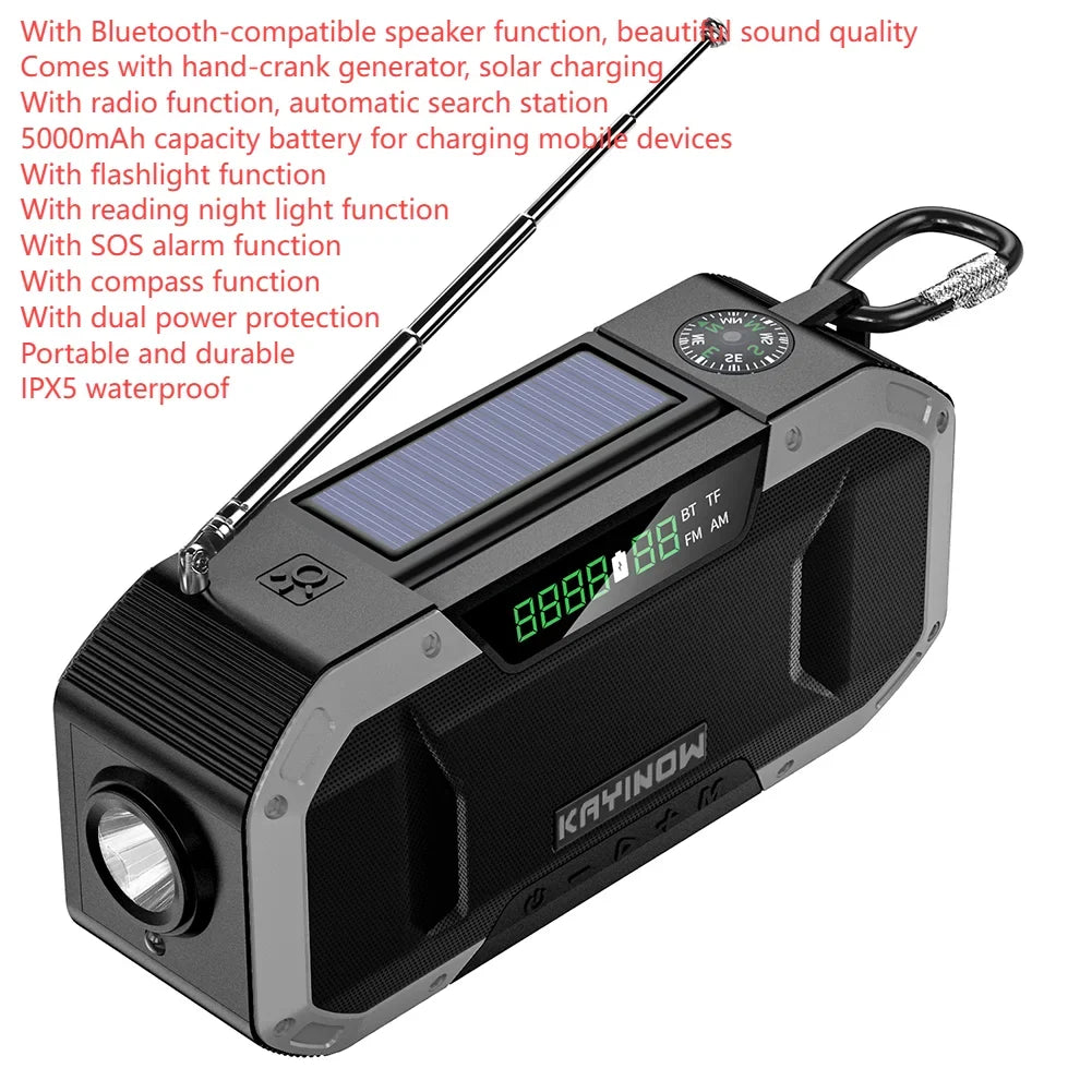 SolariPro - Radio d'emergenza portatile AM/FM con ricarica solare a manovella, LED, batteria ricaricabile 5000mAh/10000mAh, lampada da lettura e torcia, allerta SOS