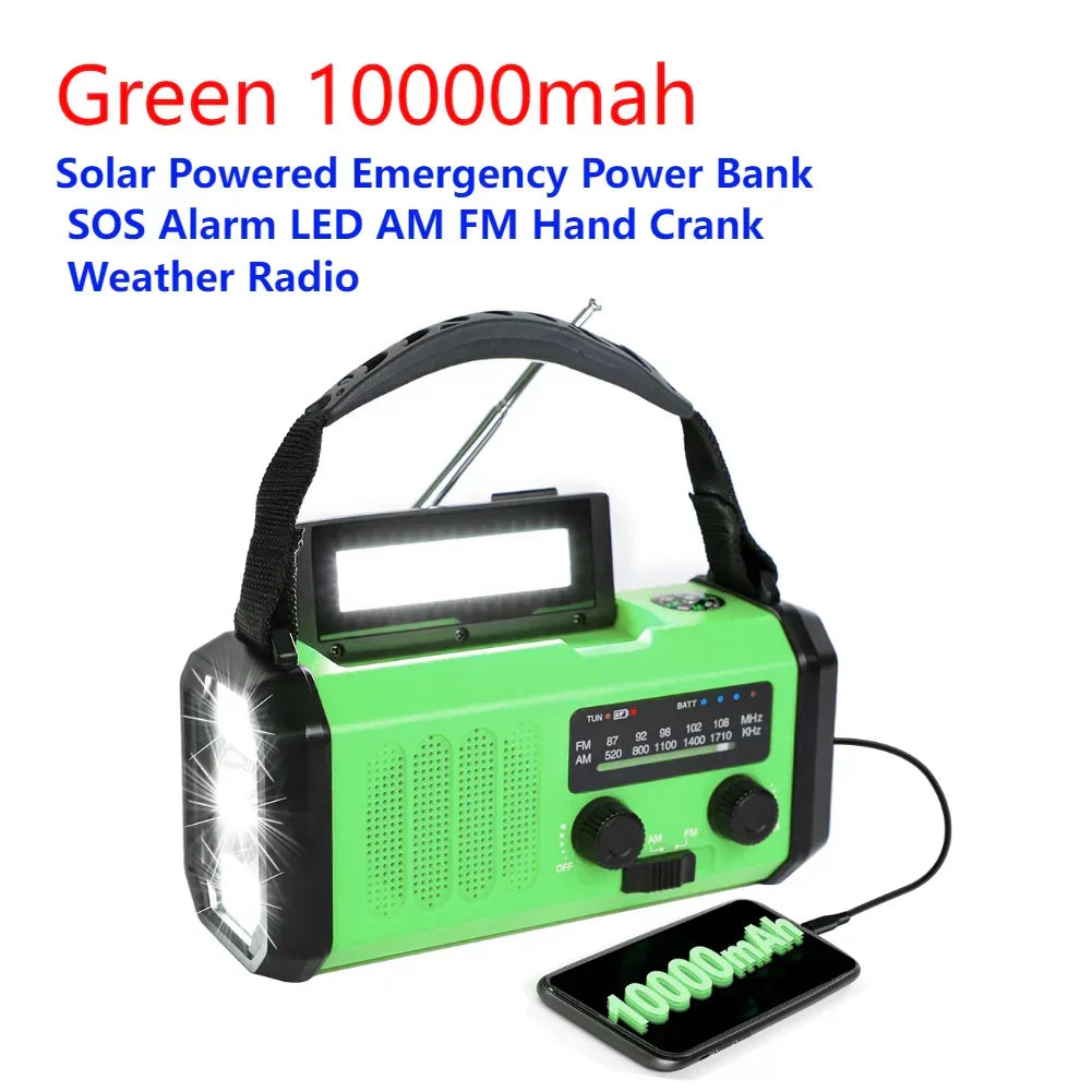 SolariPro - Radio d'emergenza portatile AM/FM con ricarica solare a manovella, LED, batteria ricaricabile 5000mAh/10000mAh, lampada da lettura e torcia, allerta SOS