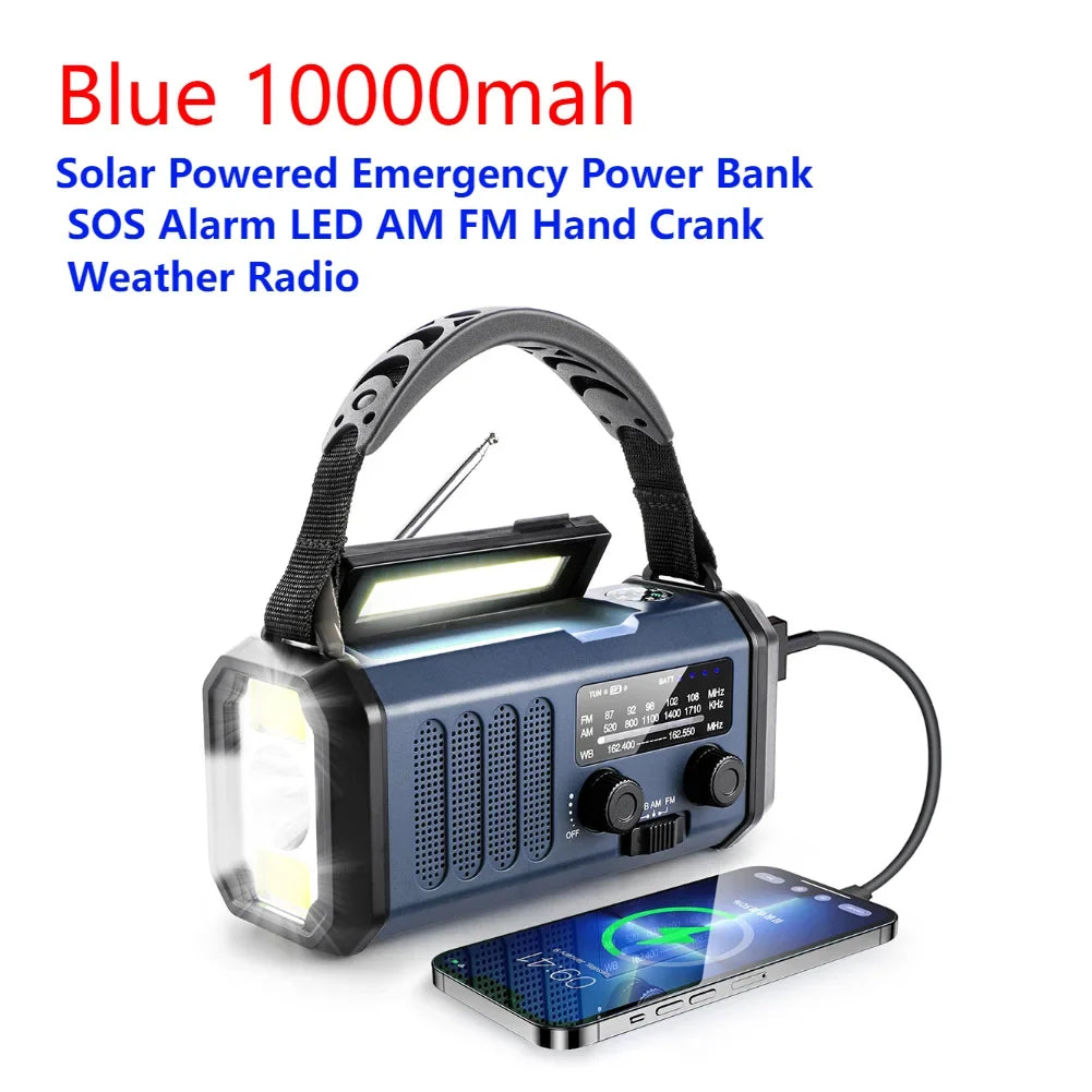SolariPro - Radio d'emergenza portatile AM/FM con ricarica solare a manovella, LED, batteria ricaricabile 5000mAh/10000mAh, lampada da lettura e torcia, allerta SOS