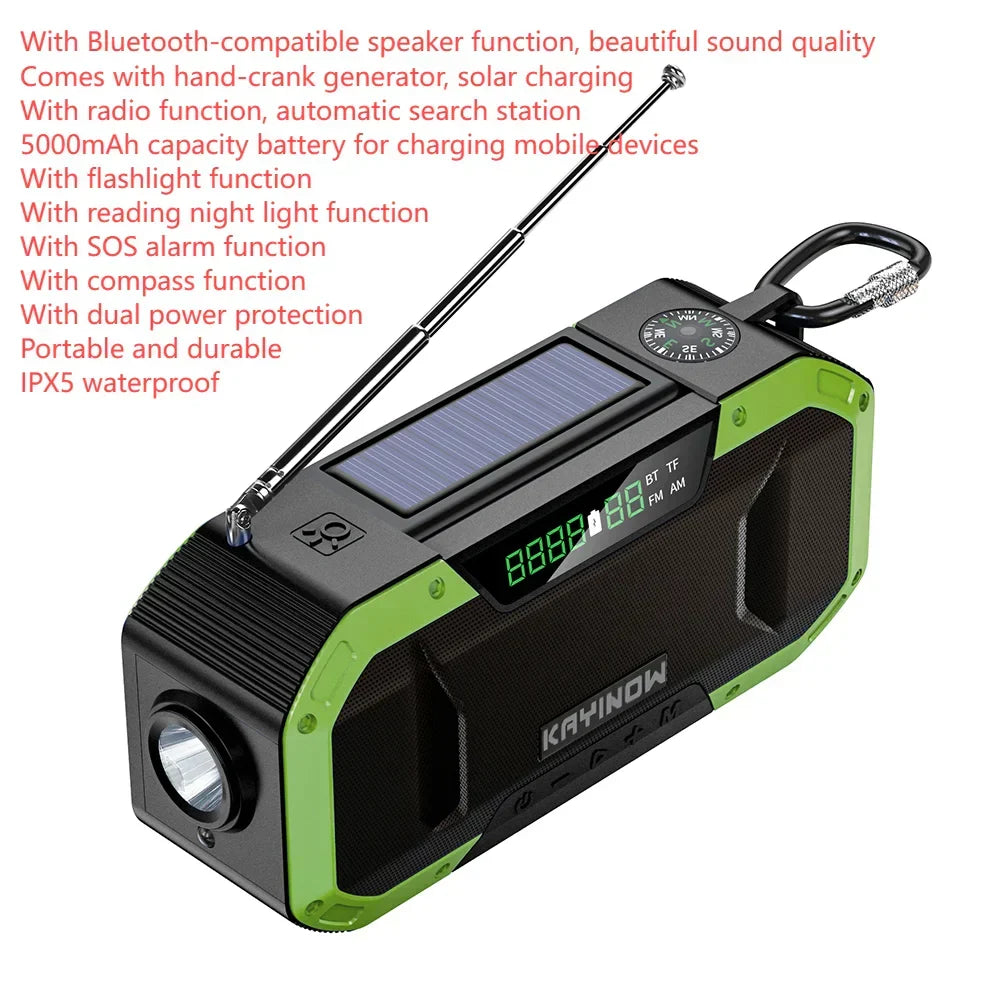 SolariPro - Radio d'emergenza portatile AM/FM con ricarica solare a manovella, LED, batteria ricaricabile 5000mAh/10000mAh, lampada da lettura e torcia, allerta SOS