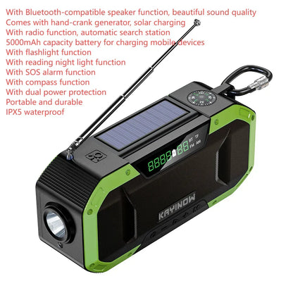 SolariPro - Radio d'emergenza portatile AM/FM con ricarica solare a manovella, LED, batteria ricaricabile 5000mAh/10000mAh, lampada da lettura e torcia, allerta SOS