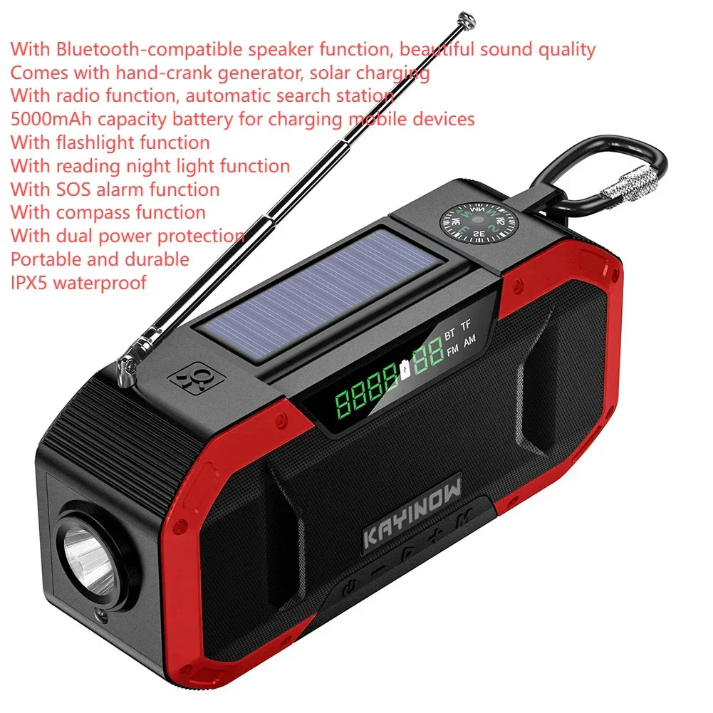 SolariPro - Radio d'emergenza portatile AM/FM con ricarica solare a manovella, LED, batteria ricaricabile 5000mAh/10000mAh, lampada da lettura e torcia, allerta SOS