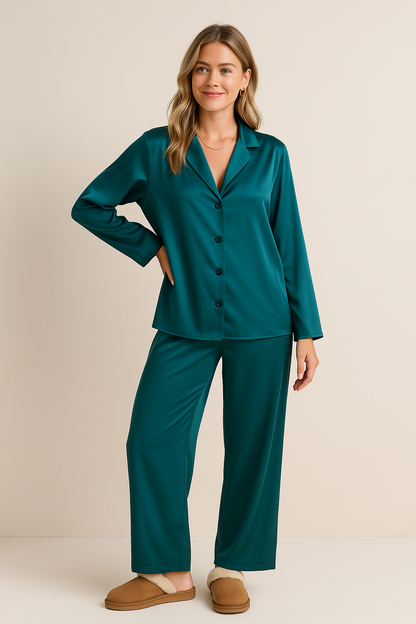 Noélya - Set Pigiama da Donna in Satin Lussuoso con Maglietta a Maniche Lunghe e Pantaloni Lunghi