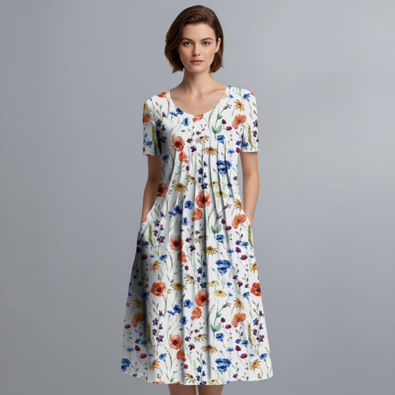 Abito estivo leggero con fiori e tasche – Abito casual per donne