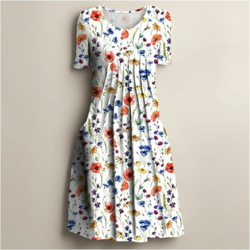 Abito estivo leggero con fiori e tasche – Abito casual per donne