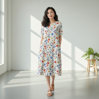 Abito estivo leggero con fiori e tasche – Vestito casual per donne