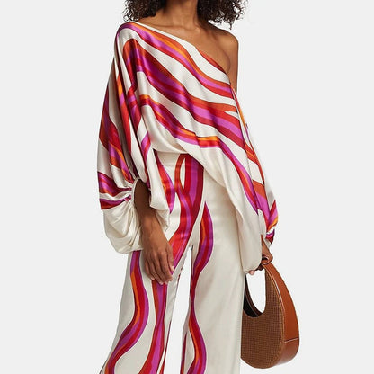 Maëlys - Elegante Completo Due Pezzi per Primavera e Estate con Maniche Ampie e Design Off-Shoulder, Pantaloni Palazzo a Vita Alta e Motivi Lucenti