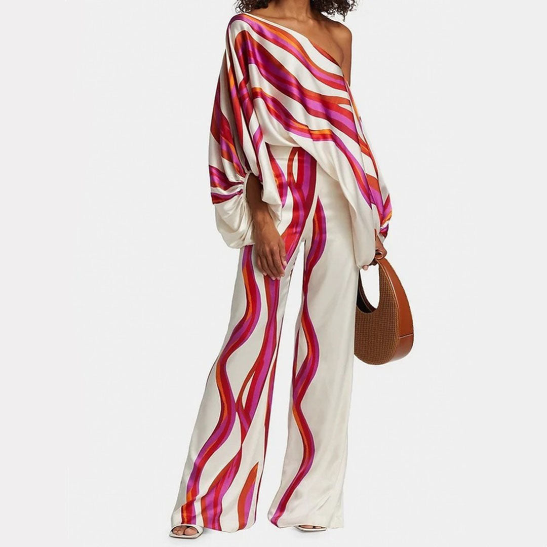 Maëlys - Elegante Completo Due Pezzi per Primavera e Estate con Maniche Ampie e Design Off-Shoulder, Pantaloni Palazzo a Vita Alta e Motivi Lucenti