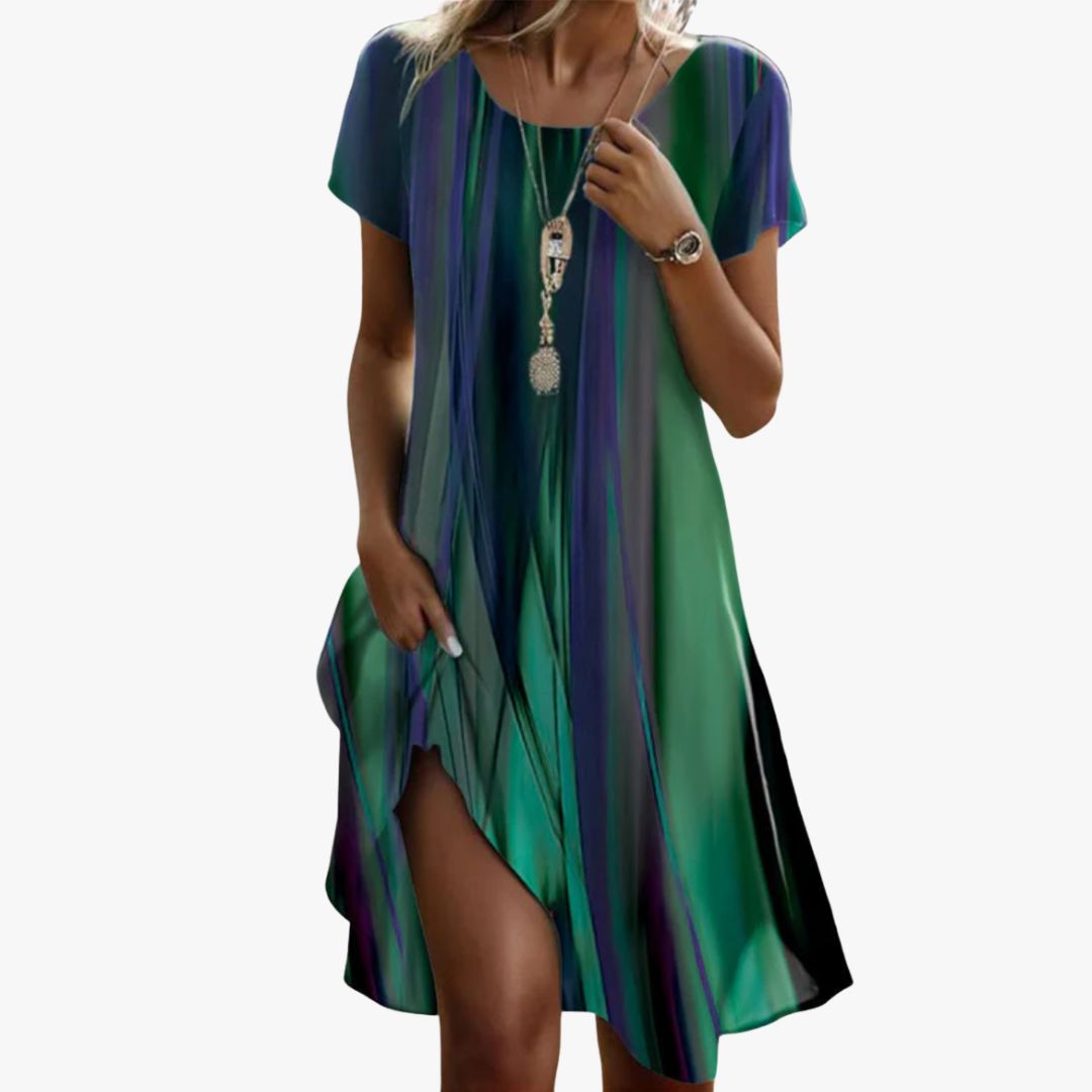 Sorya - Abito T-Shirt Bohémien in Blu-Verde, Comodo ed Elegante per Primavera e Estate, con Maniche Corte e Collo Rotondo