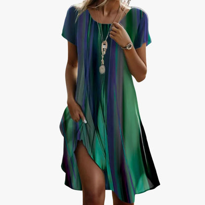Sorya - Abito T-Shirt Bohémien in Blu-Verde, Comodo ed Elegante per Primavera e Estate, con Maniche Corte e Collo Rotondo