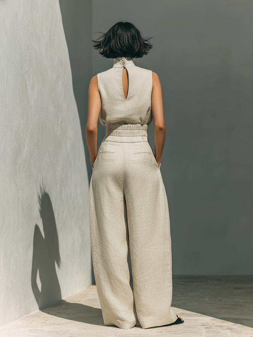 Elegante tuta in lino con gamba larga e colletto per donne – Leggera, Moderna e Sottolinea la figura