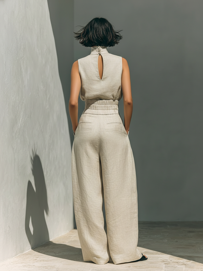 Elegante tuta in lino con gamba larga e colletto per donne – Leggera, Moderna e Sottolinea la figura