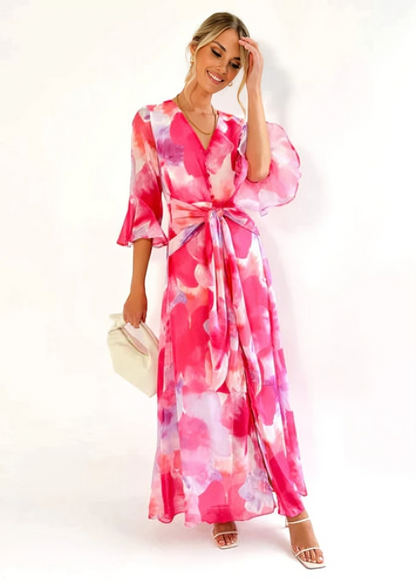 Abito maxi fluido con stampa floreale e cintura in vita per donne – Elegante abito estivo con scollatura a V