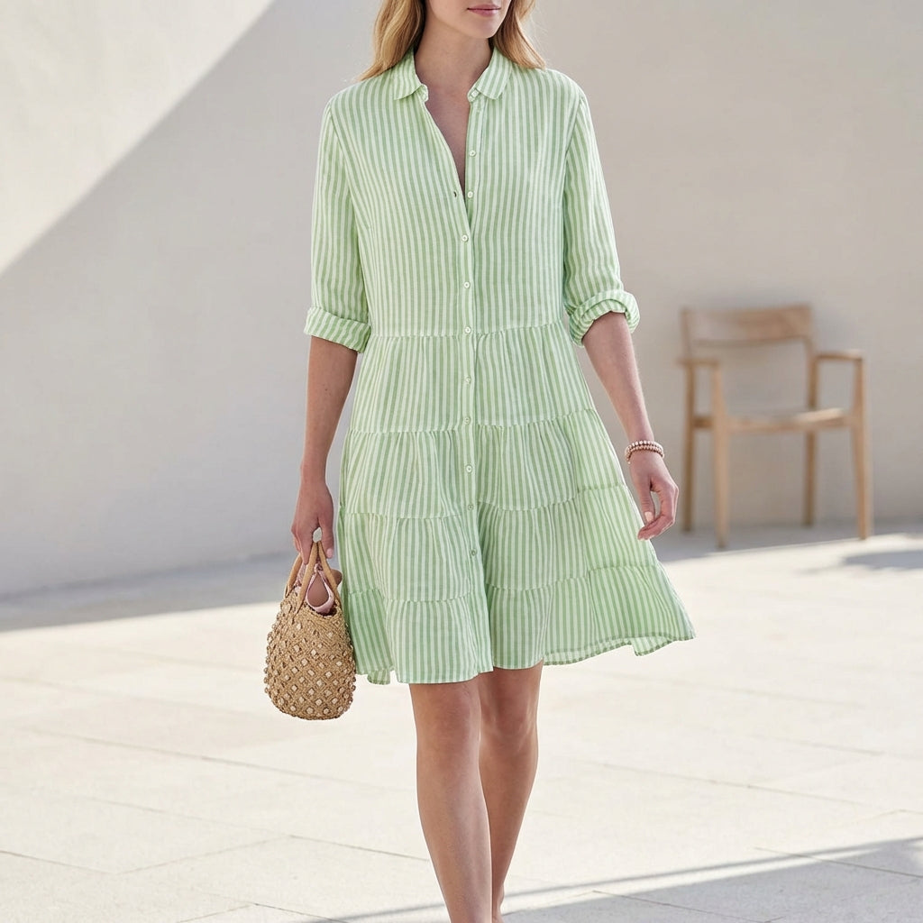Abito camicia a righe per donne – Abito estivo leggero con bottoni e gonna a volant