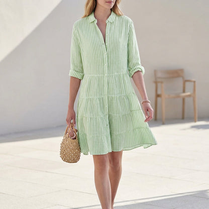 Abito camicia a righe per donne – Abito estivo leggero con bottoni e gonna a volant
