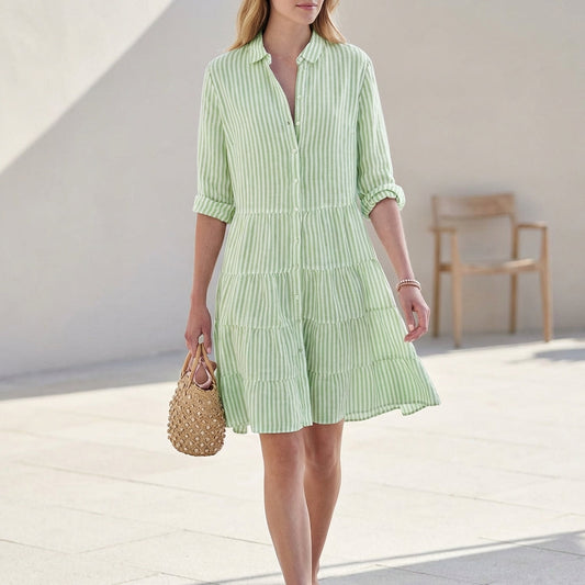 Abito camicia a righe per donne – Abito estivo leggero con bottoni e gonna a volant