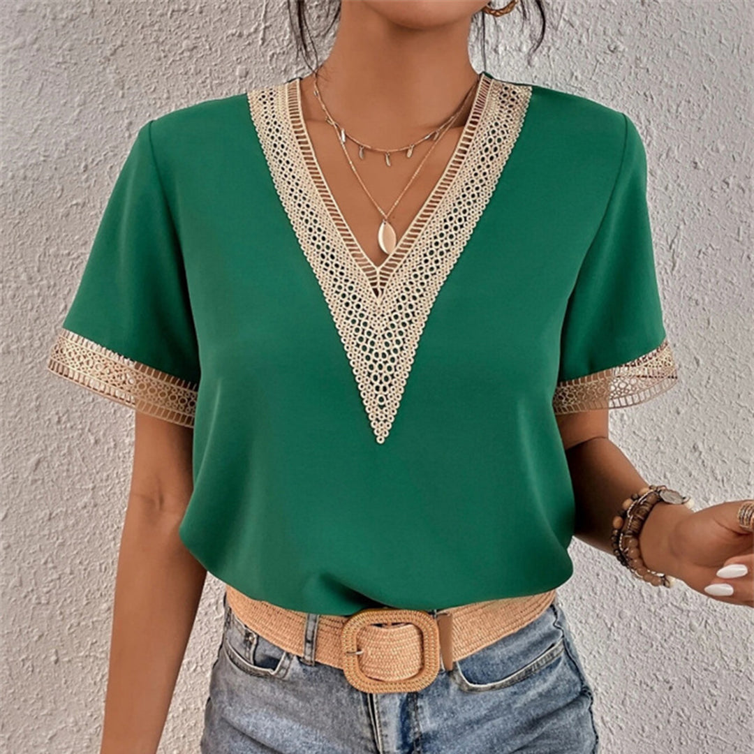 Jovelle - Elegante T-shirt estiva da donna con pizzo all'uncinetto e scollatura a V