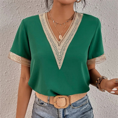 Jovelle - Elegante T-shirt estiva da donna con pizzo all'uncinetto e scollatura a V
