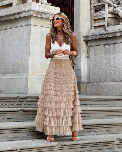 Esméria - Elegante Maxi-Gonna in Tulle per Primavera e Estate con Volant Sovrapposti