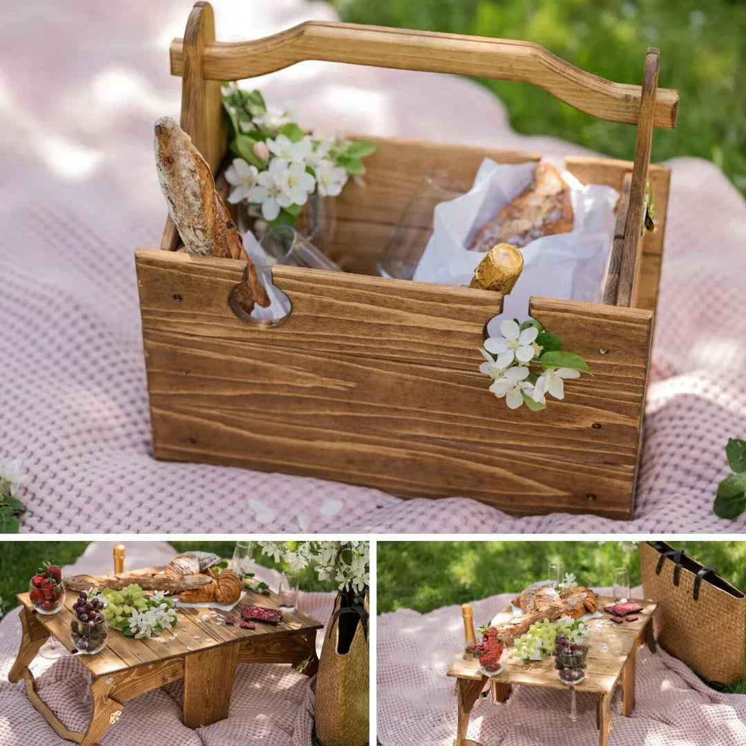 Tavolo da picnic pieghevole in legno con cestino da trasporto – Vassoio multifunzionale per esterni per giardino e campeggio