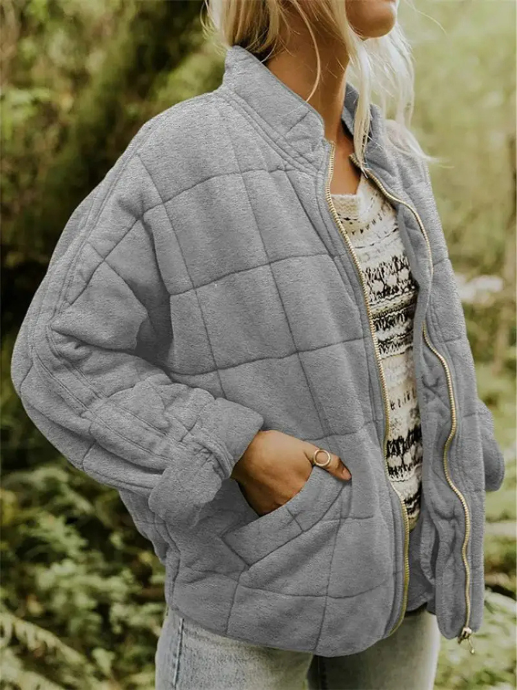 Giacca oversize trapuntata con zip per donna – Calda giacca casual trapuntata per la vita quotidiana e l'autunno