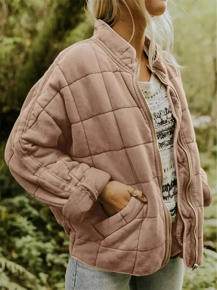Giacca oversize trapuntata con zip per donna – Calda giacca casual trapuntata per la vita quotidiana e l'autunno