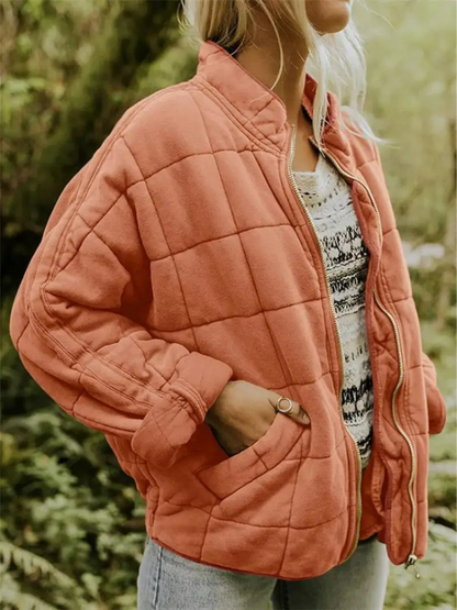 Giacca oversize trapuntata con zip per donna – Calda giacca casual trapuntata per la vita quotidiana e l'autunno