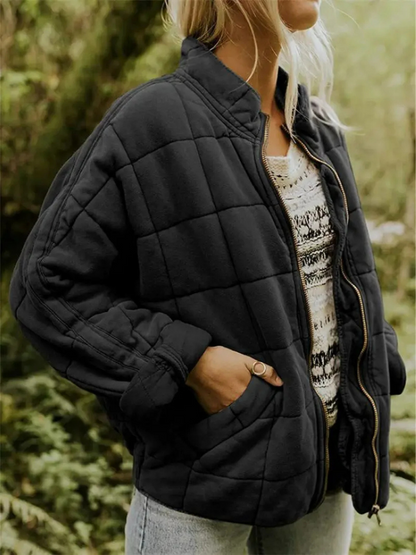 Giacca oversize trapuntata con zip per donna – Calda giacca casual trapuntata per la vita quotidiana e l'autunno