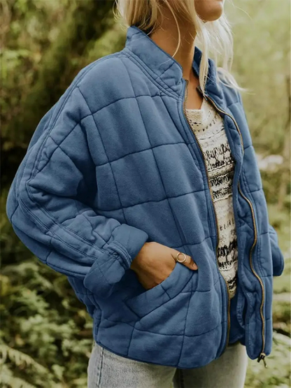 Giacca oversize trapuntata con zip per donna – Calda giacca casual trapuntata per la vita quotidiana e l'autunno
