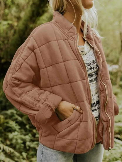 Giacca oversize trapuntata con zip per donna – Calda giacca casual trapuntata per la vita quotidiana e l'autunno