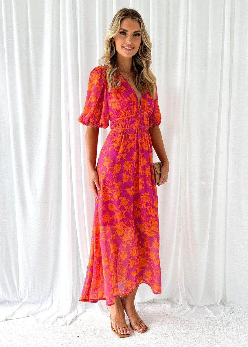 Elegante abito maxy con scollatura a V e stampa floreale – Abito estivo leggero per donne