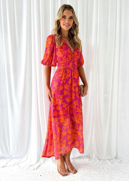 Elegante abito maxy con scollatura a V e stampa floreale – Abito estivo leggero per donne