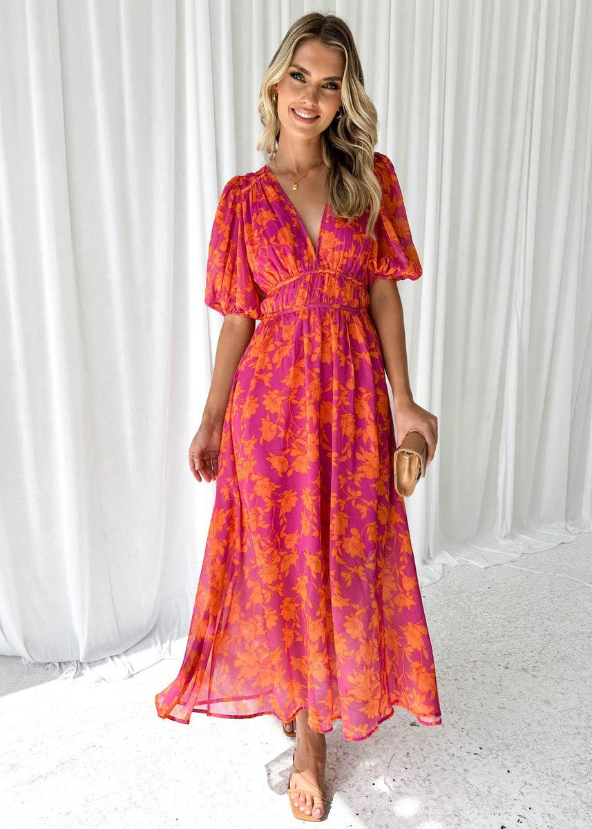 Elegante abito maxy con scollatura a V e stampa floreale – Abito estivo leggero per donne