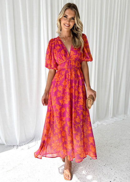 Elegante abito maxy con scollatura a V e stampa floreale – Abito estivo leggero per donne