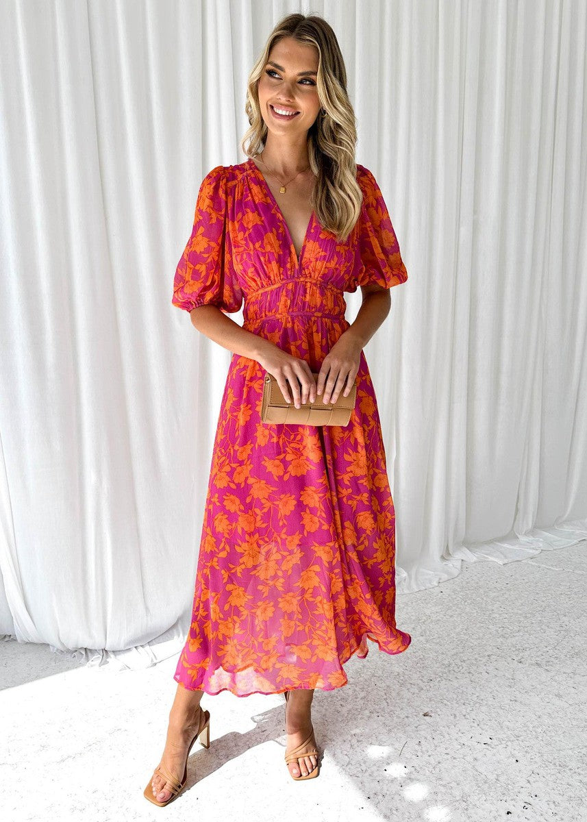 Elegante abito maxy con scollatura a V e stampa floreale – Abito estivo leggero per donne