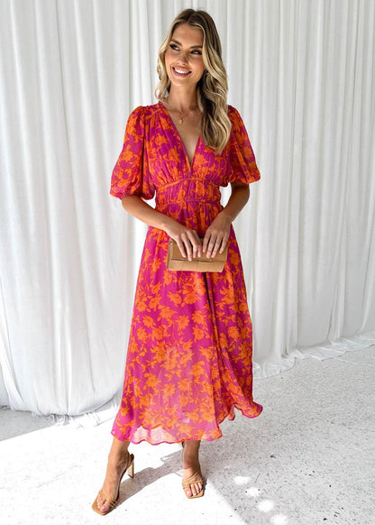Elegante abito maxy con scollatura a V e stampa floreale – Abito estivo leggero per donne