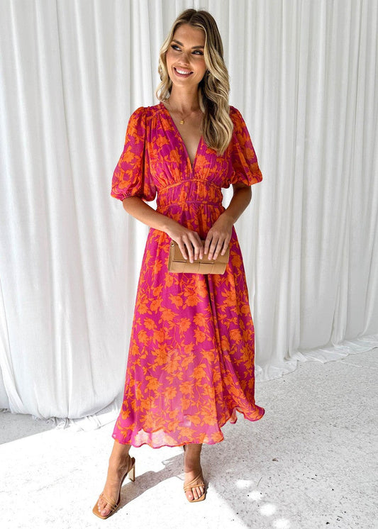 Elegante abito maxy con scollatura a V e stampa floreale – Abito estivo leggero per donne