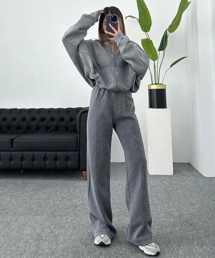 Séraphine - Completo da donna in felpa Elengate comodo con vita alta e giacca a maniche larghe