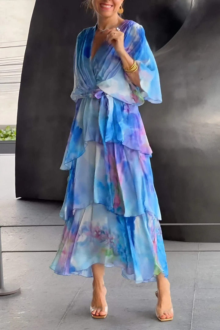 Elegante Maxidress per donne con sfumature Abito estivo leggero con volant e cintura