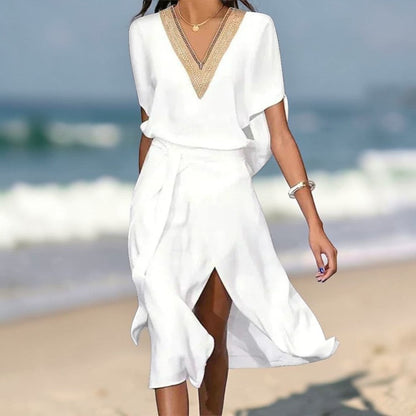 Elegante abito midi estivo con scollatura a V e dettaglio dorato per donne – Leggero e stiloso