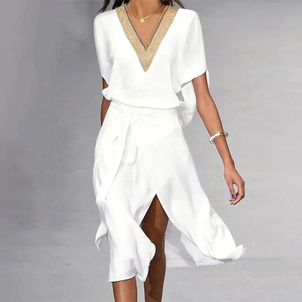 Elegante abito midi estivo con scollatura a V e dettaglio dorato per donne – Leggero e stiloso