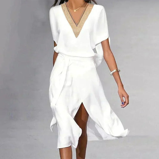 Elegante abito midi estivo con scollatura a V e dettaglio dorato per donne – Leggero e stiloso