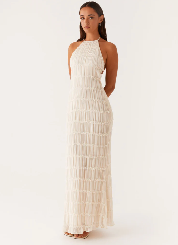 Elegante Maxikleid mit Neckholder-Ausschnitt für Damen – Plissiertes Abendkleid mit Rückenfrei-Design