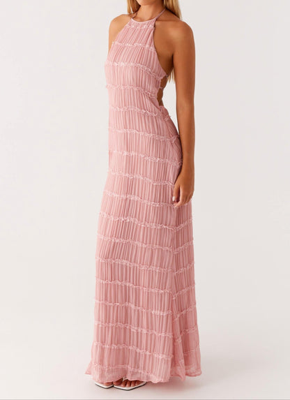 Elegante Maxikleid mit Neckholder-Ausschnitt für Damen – Plissiertes Abendkleid mit Rückenfrei-Design