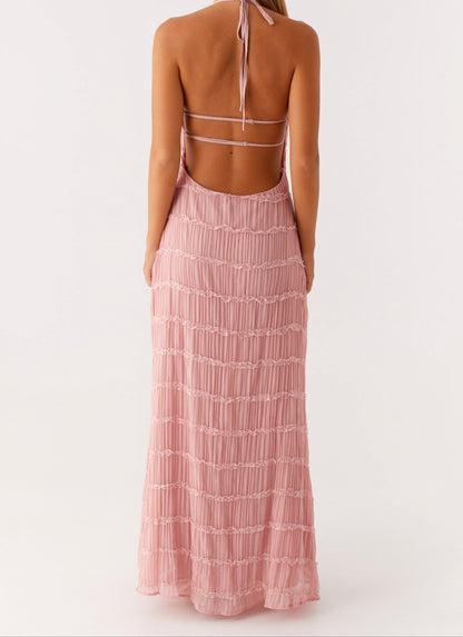 Elegante Maxikleid mit Neckholder-Ausschnitt für Damen – Plissiertes Abendkleid mit Rückenfrei-Design