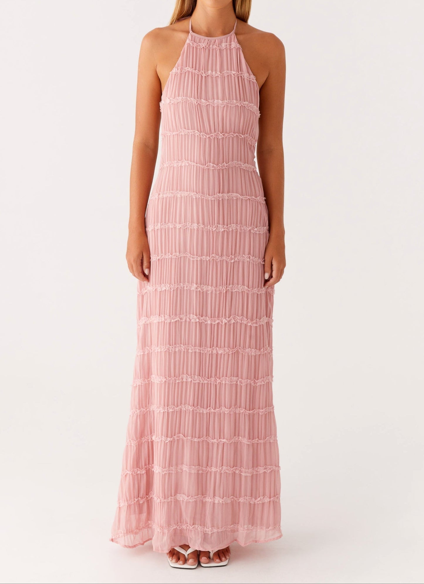 Elegante Maxikleid mit Neckholder-Ausschnitt für Damen – Plissiertes Abendkleid mit Rückenfrei-Design