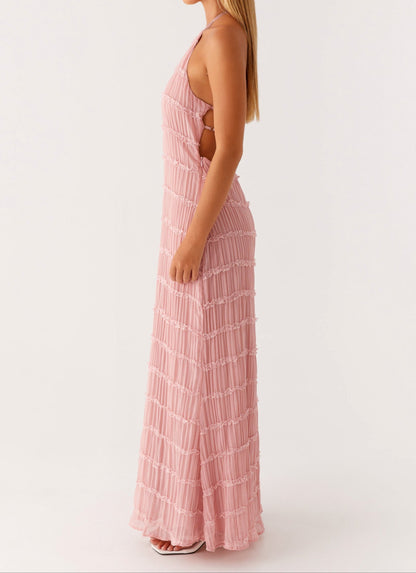 Elegante Maxikleid mit Neckholder-Ausschnitt für Damen – Plissiertes Abendkleid mit Rückenfrei-Design